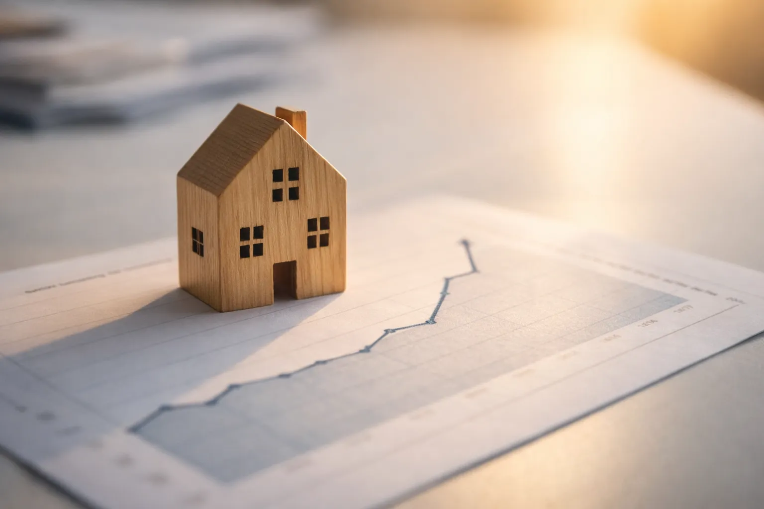 Hausmodell auf einem Finanzdokument mit Zinsgrafik – Baufinanzierung und Zinsentwicklung 2025